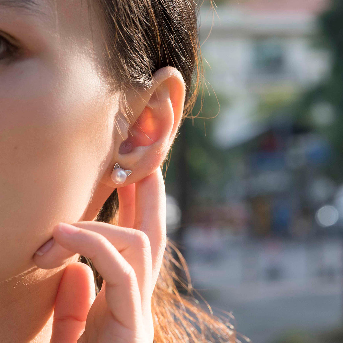 Cat Ear Pearl Stud Earrings Sterling Silver Everyday Earrings S.Leaf