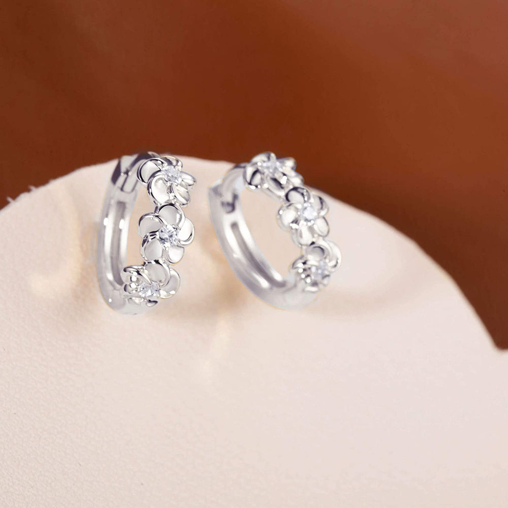 Flower Blossom Huggie Hoop Earrings 925 Sterling Silver