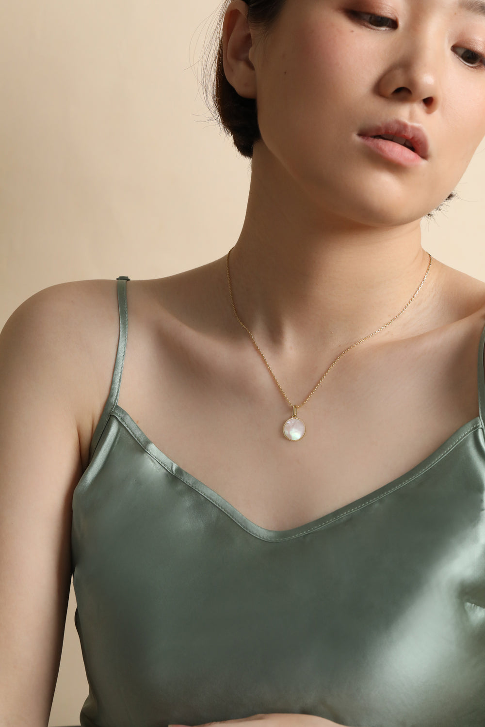 Sterling Silver 14K Gold Mother of Pearl Round Pendant Necklace 12mm