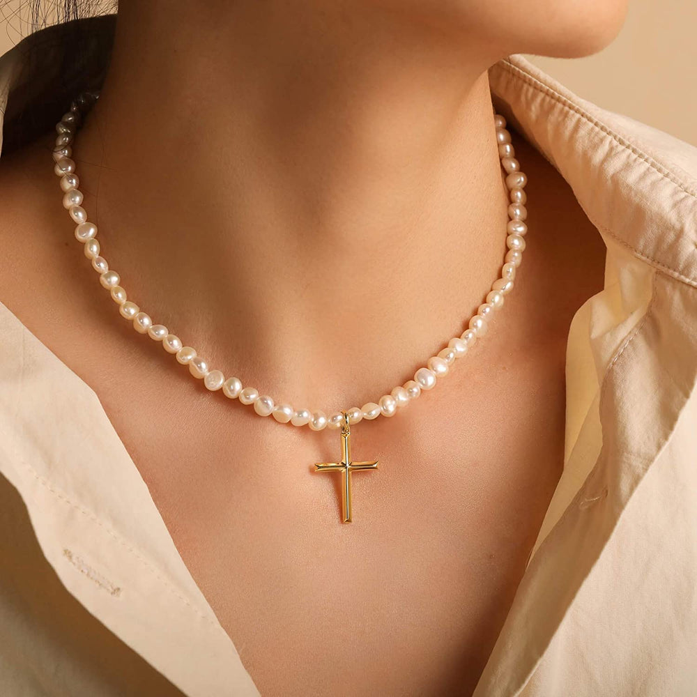 Dainty white pearl cross necklace charm necklace sterling silver