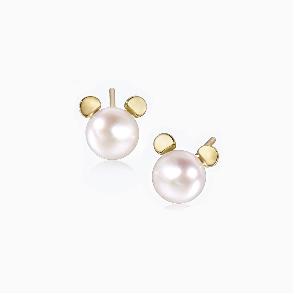 Round Ear Cat Pearl Stud Earrings gold