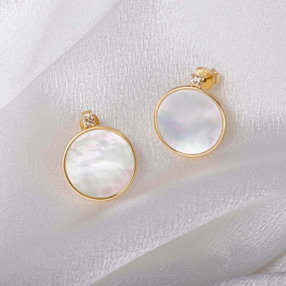 Dainty Cubic Zirconia Round Mother of Pearl Stud Earrings